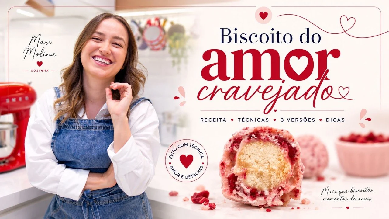 Biscoito do Amor Cravejado: Mari Molina sorrindo na cozinha ao lado do biscoito cortado, cravejado de cristais vermelhos